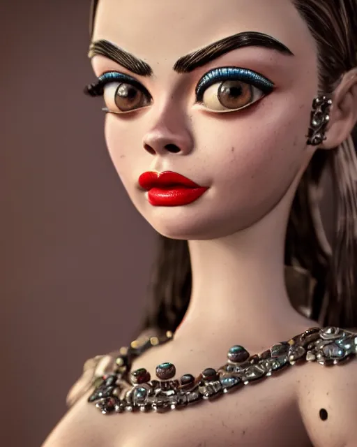 Image similar to closeup face profile portrait of a tin toy retro 1 9 5 0 s cara delevingne, bikini, depth of field, zeiss lens, fashion photoshoot by nicoletta ceccoli, mark ryden, lostfish, breathtaking, detailed and intricate environment, 8 k resolution, extremely detailed, beautiful, establishing shot, artistic, hyperrealistic, octane render