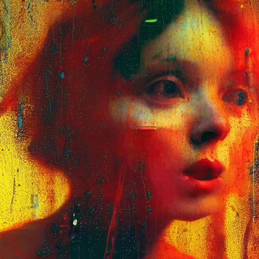 Prompt: portrait of a young red - haired woman trapped in a computer, wires and cables, glitched, digital display, marta syrko, julia margaret cameron, painterly, dripping and splashing coloured paint. scumbling, de kooning, craig mullins