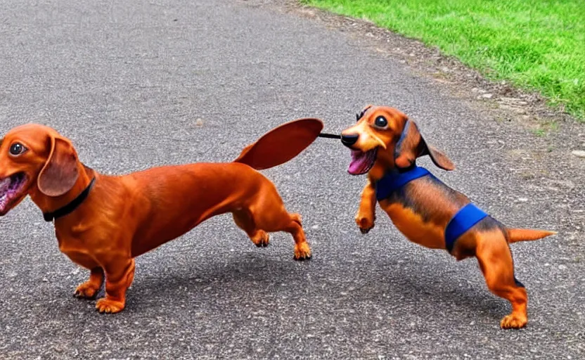 Prompt: happy dachshund catching a ball