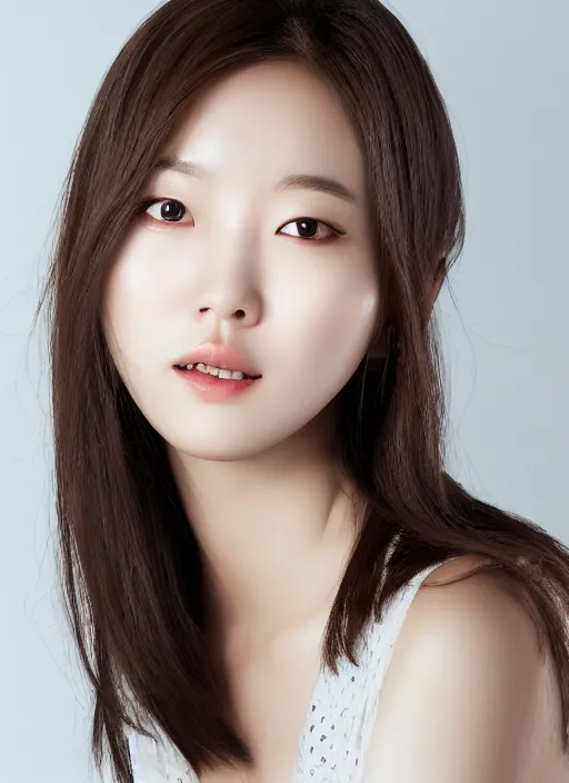 Image similar to Park shin-hye korean woman, portrait photo of a beautiful south korean woman, female model, soft smile, closed mouth showing no teeth, soft bright skin, brown hair, deep brown eyes, modern south korean makeup, soft makeup, studio lighting, solid white background, hyperrealistic, 8k, artstation, professional photo