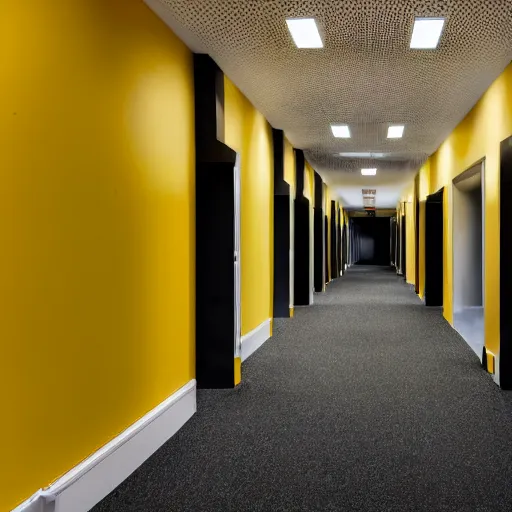 Image similar to a tall black skinny, intelligent and menacing monster is roaring from behind a wall in a cramped empty liminal office hallway with dull yellow wallpaper and old moist yellow carpet, tilted frame, intricate, fluorescent lighting lit from above, ultra 4 k, intricate, realistic