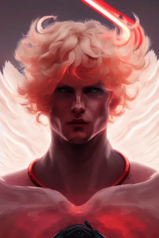 Prompt: digital art of a pale menacing male Cyborg Angel of War with fluffy blond curls of hair and piercing red and black eyes, central composition, he commands the fiery power of resonance and wrath, by WLOP, Artstation, CGsociety