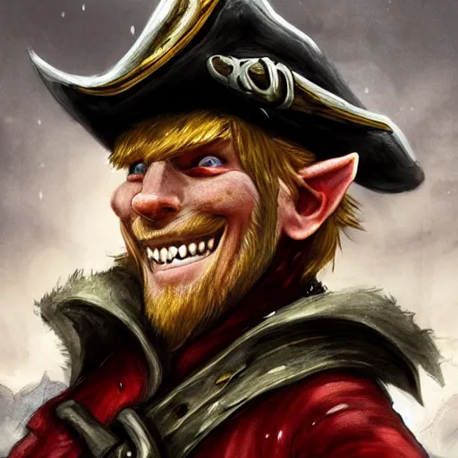 Image similar to handsome grinning ginger elf rogue, tricorne pirate captain hat, naval background, D&D, fantasy, portrait, cinematic lighting, centered, symmetrical, highly detailed, digital painting, artstation, concept art, smooth, sharp focus, illustration, volumetric lighting, epic Composition, 8k, anatomically correct, art by Akihiko Yoshida and Greg Rutkowski and Craig Mullins, oil painting, cgsociety