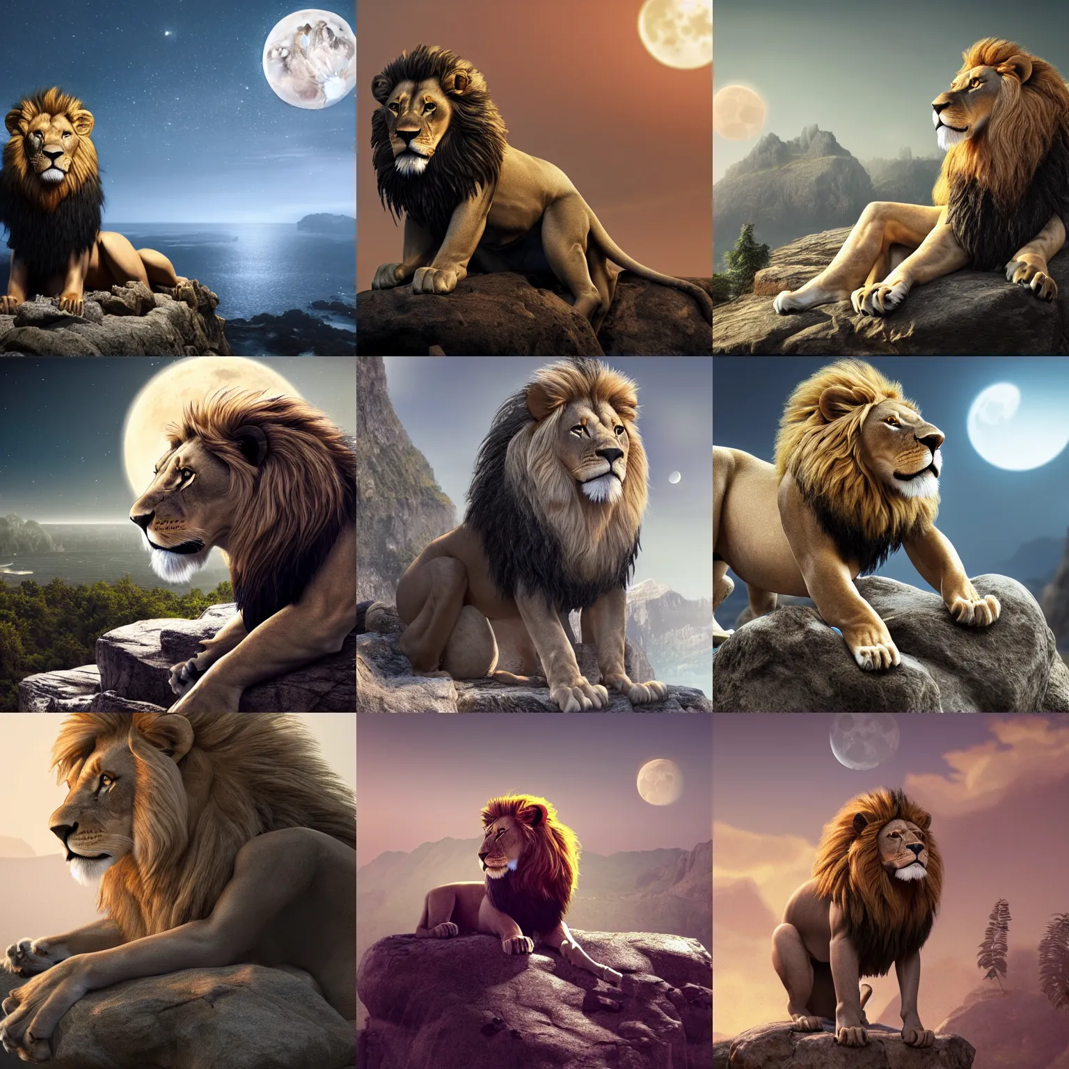 Prompt: a lion mutant human hybrid sitting on a rock looking at the moon, intricately detailed, physically based rendering, realistic, in the style of WLOP, illustration, epic, fantasy, hyper detailed, smooth, unreal engine, sharp focus, ray tracing
