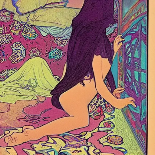 Prompt: rocker goth teen girl laying on the floor, writing on journal. 1970s colorful psychedelic bedroom. Trippy. Mucha.