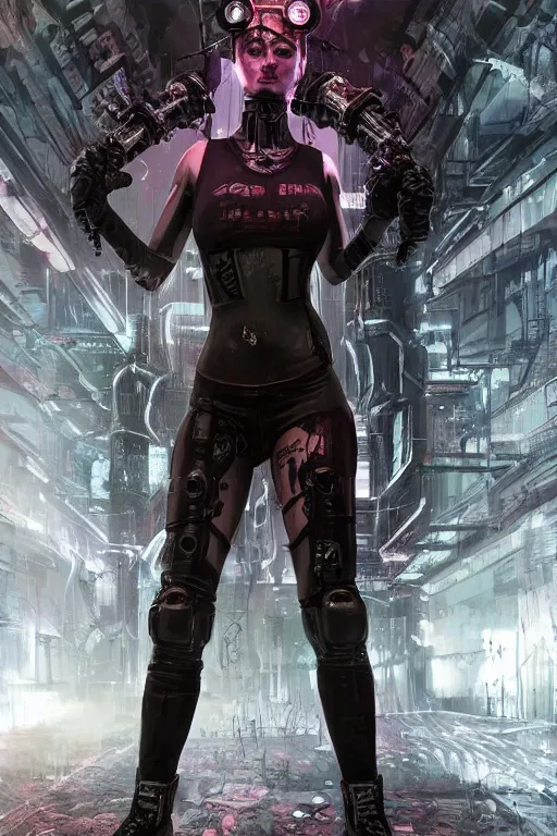 Prompt: Dark cyberpunk underground club girl. Biopunk, body armor, high detail, photorealism, full length view, concept art, Dan Mumford, Greg Rutkowski, Quixel Megascans, octane render, 16k, 8k, photoillustration