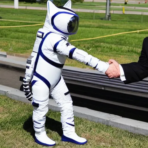 Image similar to cat astronaut shakes the hands with president