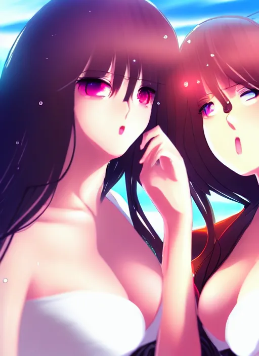 Image similar to two beautiful mothers out on a humid summer day, gorgeous faces, thick lines, cinematic lighting, detailed anime art