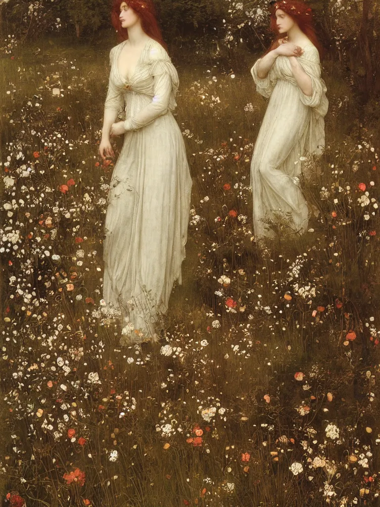 Image similar to beautiful pre - raphaelite woman, flower halo, flowing gown with empire waist in a wildflower meadow, floating leaves, fairys and flower petals in background, painterly, briar patch, thorns, dreamy, painted by jeremy mann, edward burne - jones, and john everett millais, alma tadema, ethereal, stunning, god rays, detailed