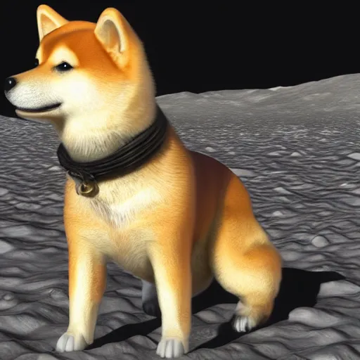 Prompt: a shiba inu dog on the surface of the moon, 3 d render, dramatic, photorealistic