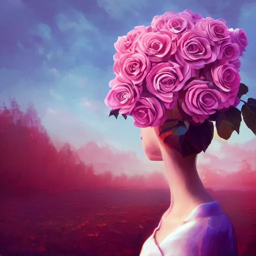 Image similar to closeup, huge rose flower on head, frontal, girl in a suit, surreal photography, sunrise, dramatic light, impressionist painting, digital painting, artstation, simon stalenhag