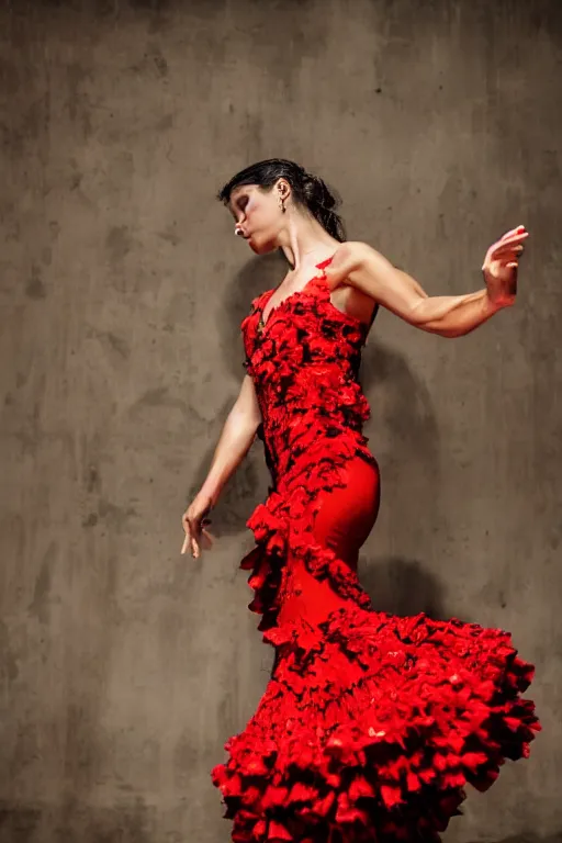 Image similar to spanish flamenco dancer in mallorca wearing a red dress made of flowers, dimly lit, photo realistic, extreme detail skin, no filter, slr, 4 k, high definition