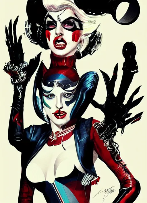 Prompt: lady gaga as harley quinn, horror, high details, intricate details, by vincent di fate, artgerm julie bell beeple, 1 9 6 0 s, inking, vintage 6 0 s print, screen print