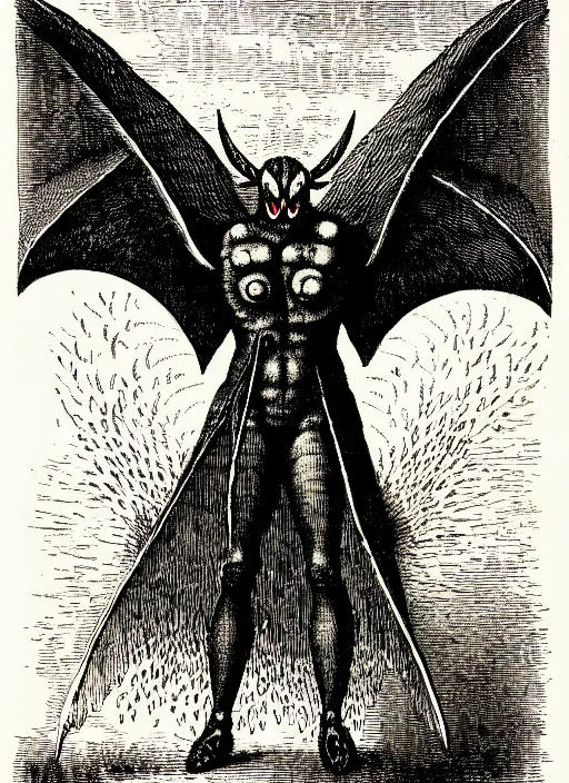 Image similar to illustration of mothman as a demon from the dictionarre infernal, etching by louis le breton, 1 8 6 9, 1 2 0 0 dpi scan, ultrasharp detail, clean scan