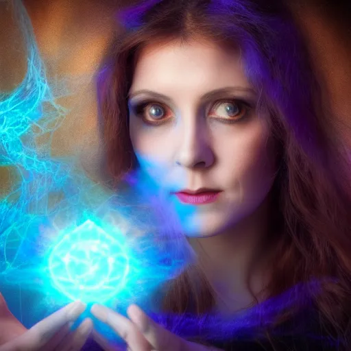 Image similar to portrait of a female warlock casting a magic spell, blueish aura by her side, mystic, fantasy, magic, award winning photography, hdr, studio lighting medium close shot, mucha style,