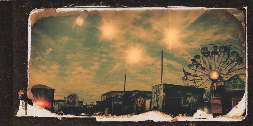 Prompt: polaroid photo of abandoned carnival terrain, vintage colors, lens flare