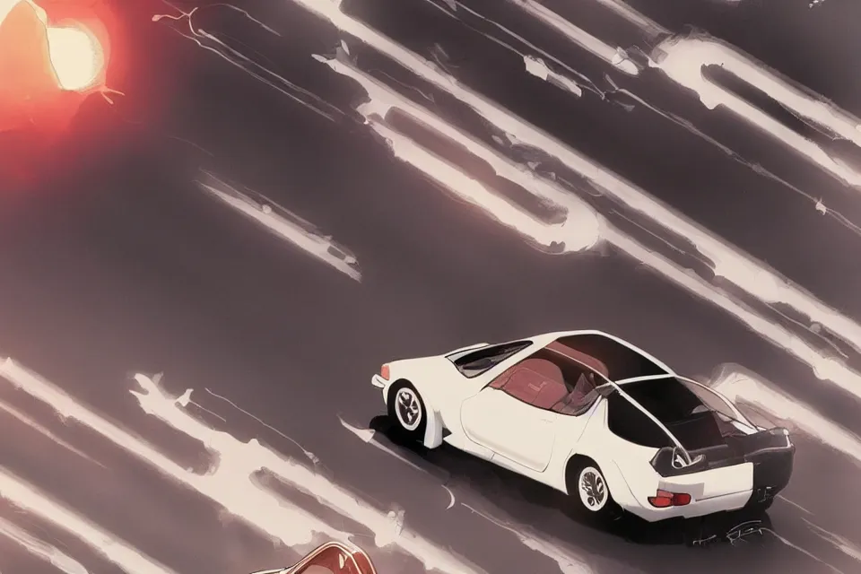 Prompt: aesthetic detailed illustration of ryosuke takahashi with black hair, standing by his white glossy mazda rx 7 on an empty highway at sunrise, cinematic lighting, initial d anime 1 0 8 0 p, detailed anime face, high detail, 9 0 s anime aesthetic, volumetric lights, rule of thirds, unreal engine 5 render, pinterest wallpaper, trending on artstation