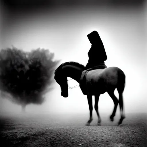 Image similar to A young lady with a black cloak is riding a dark horse from distance, Kodak TRI-X 400, dark mood, melancholic,