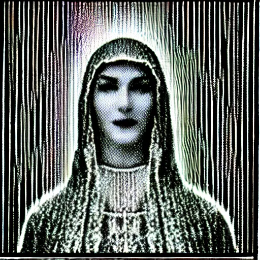 Image similar to vhs static overlay of marian apparition, vhs, 1 9 9 0, highly realistic, highly detailed, vhs noise static, black and white, vhs glitch