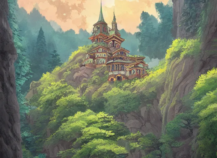 Prompt: view of a monastery on a forested mountain, in the style of studio ghibli, distant, detailed, artstation, award winning painting,