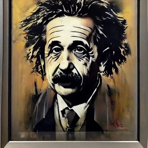 Image similar to portrait of albert einstein by karol bak, banksy, simon bisley, guy denning, mimmo rotella, ravi zupa