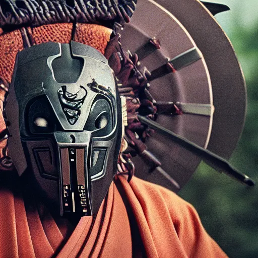 Image similar to cinematic film still MF Doom starring as a Samurai holding fire, Japanese CGI, VFX, 2003, 40mm lens, shallow depth of field,film photography