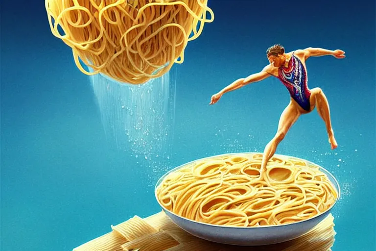 Image similar to olympic diver made of pasta diving into a dish of pasta, splash, art deco intricate ripples, fantasy, elegant, highly detailed, sharp focus, art by artgerm and beeple and greg rutkowski and wlop