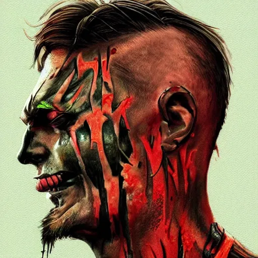 Image similar to Bright, colorful, realistic Serial killer rpg single individual headshot gore covered with scars and tattoos screaming, backlighting, kodachrome, high contrast, highly detailed, sharp focus, digital painting, concept art, illustration, trending on artstation, comic book by Alex Ross cover art