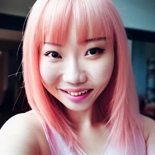 Image similar to beautiful hyperrealism selfie of nikki 苏 暖 暖 from shining nikki, a cute 3 d young woman smiling sofly, long light pink hair and full bangs, flushed face, blushing, small heart - shaped face, soft features, amber eyes, chinese heritage, golden hour, 8 k, sharp focus, instagram