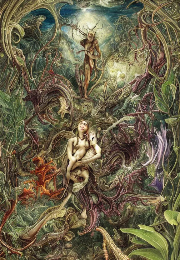 Image similar to elegant, muscular sharks, human babies, botany, orchids, radiating, colorful mandala, psychedelic, overgrown garden environment, by h. r. giger and esao andrews and maria sibylla merian eugene delacroix, gustave dore, thomas moran, pop art, biomechanical xenomorph, art nouveau, somber, horror