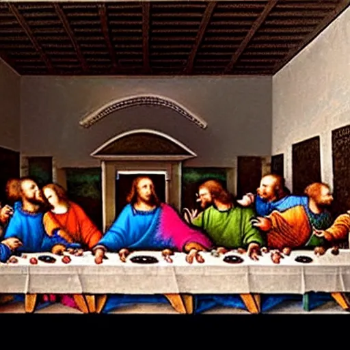 Prompt: on the wall of a gray building, a colorful spray-painted graffiti of The Last Supper by Da Vinci