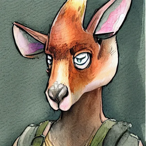 Prompt: watercolor sketch of a story book kangaroo in the style of disco elysium