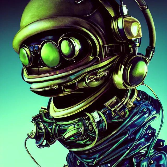 Prompt: a portrait of an anthropomorphic cyberpunk frog in a motorcycle helmet, detailed render, tape deck, boombox, headphones, epic composition, cybernetics, 4 k realistic, cryengine, realistic shaded lighting, sharp focus, masterpiece, by matteo scalera, gary montalbano, peter elson in the style of the tokyo ghost comic