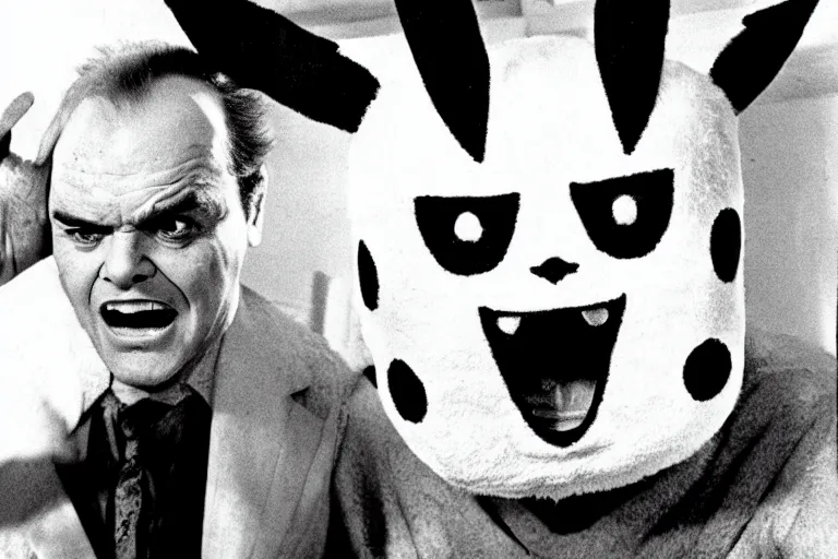 Image similar to Jack Nicholson dressed up in costume of Pikachu, scary, horror, still from the film by Stanley Kubrick in color