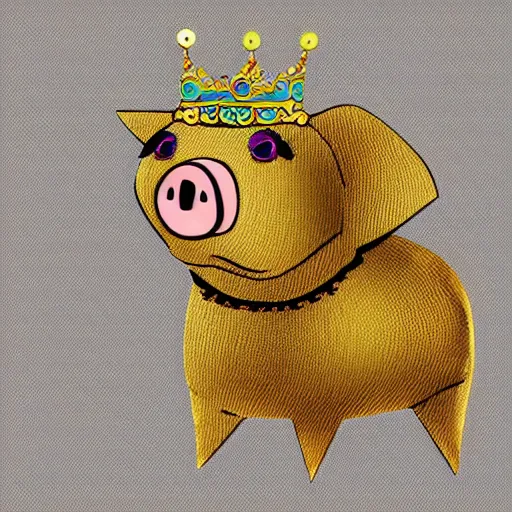 Image similar to pig wearing a gold crown depicted as a sock puppet 8k