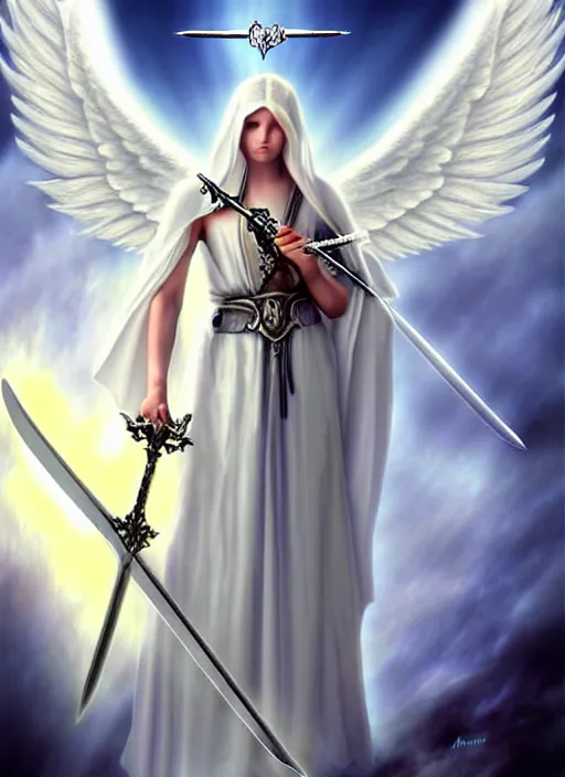 Prompt: a white angel holding a sword and a sword, digital art by Anne Stokes, deviantart, fantasy art, angelic photograph, wiccan, deviantart