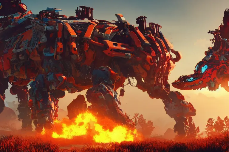 Image similar to fireclaw machine mecha animal beast robot of horizon forbidden west horizon zero dawn bioluminiscence global illumination ray tracing hdr fanart arstation by sung choi and eric pfeiffer and gabriel garza and casper konefal