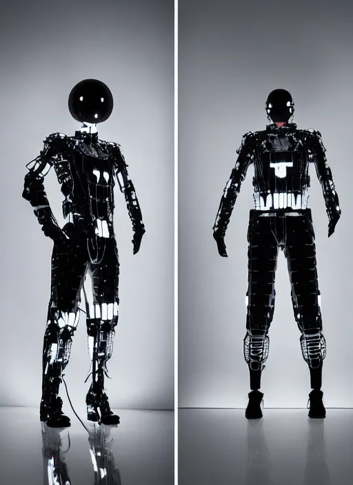 Image similar to Close upper body shot. Artistically angled subject. Professional studio portrait lighting. Technological fashion photography. Mechanical cybernetic suit designed by Ikeuchi Hiroto. Wearable design. Hydraulics. Reflective domes. Intricate tech. Formfitting. Bulky wearables. Receiver Antennae.