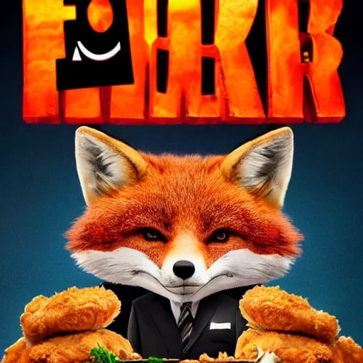 Prompt: movie poster featuring an anthropomorphic fox wearing a black suit, fried chicken in the background, promotional media