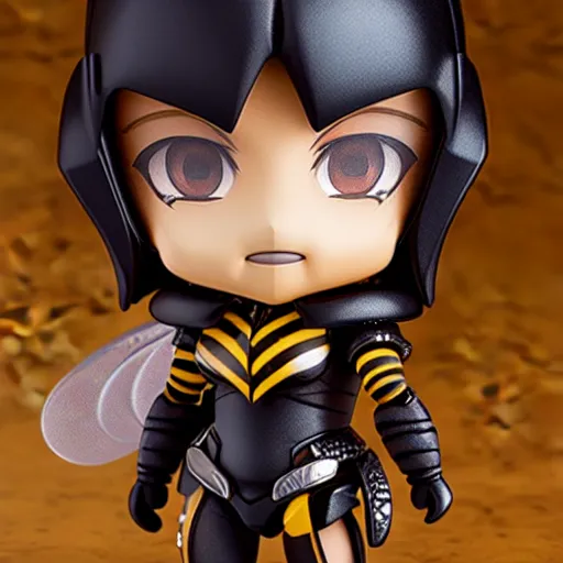 Prompt: photograph of cute bee nendoroid with themed armor with crimson - black metal bee wings, portrait, hyperdetailed, artstation, cgsociety, 8 k, by tangerine dream