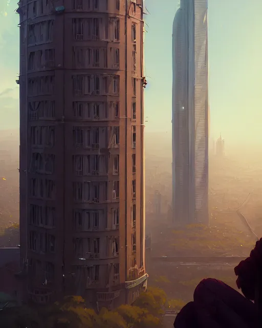 Prompt: highly detailed vfx portrait of a tall building, unreal engine, greg rutkowski, loish, rhads, beeple, makoto shinkai and lois van baarle, ilya kuvshinov, rossdraws, tom bagshaw, alphonse mucha, global illumination, detailed and intricate environment