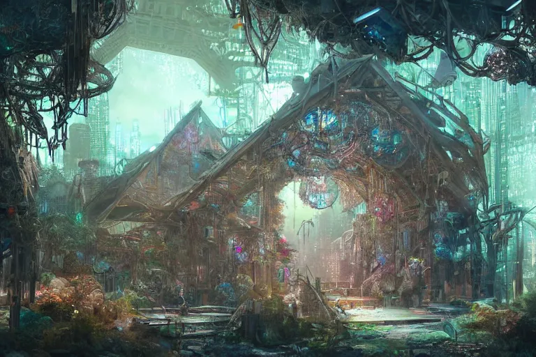Prompt: a triangular portal structure built out of scrap and crystals in an overgrown temple, bright cyberpunk glow, epic surrealism, Detailed digital matte painting in the style of raymond swanland and Chie Yoshii artstation