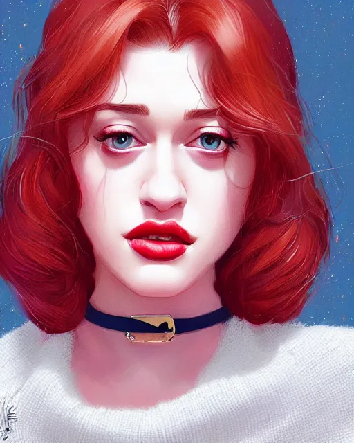 Image similar to andrea ivanova kat dennings christina hendricks dolly parton in wooly sweater, belt, plump lips, by wlop and ilya kuvshinov and artgerm,, gorgeous, stunning, alluring, artstation, deviantart, digital art