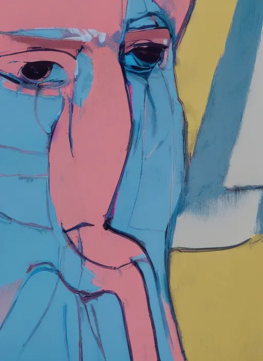 Prompt: close - up of face of a fashion model in luxury dress, pastel shades of light blue and light yellow, by francoise nielly, by neo rauch, official valentino editorial, highly detailed