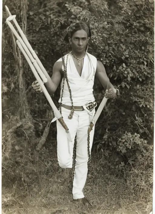 Image similar to a male ranger with a bongo drum and holding nunchaku, wearing a leather vest and white linen pants, chiseled good looks, long swept back blond hair, puka shell necklace, gertrude kasebier