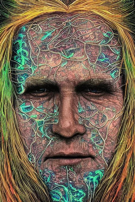 Image similar to beautiful dark portrait of one Bioluminescent old shaman, with cracked fractal semi-transparent skin. multicolored fish scales, closeup. long dark hair with insects and plant leaves. at night, realistic. intricate, very detailed, by alex grey and Moebius