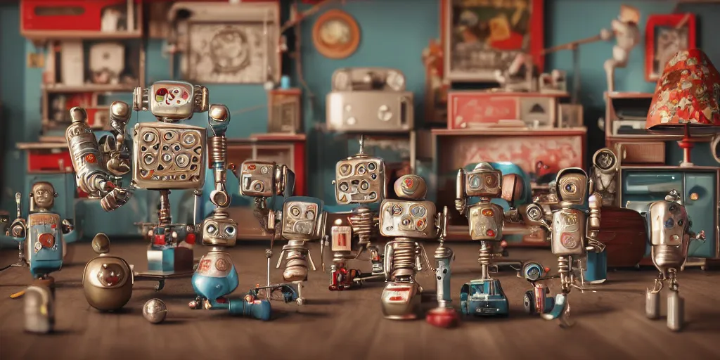 Image similar to closeup portrait of tin toy retro living room of robot family, depth of field, zeiss lens, detailed, centered, fashion photoshoot, by nicoletta ceccoli, mark ryden, lostfish, breathtaking, 8 k resolution, extremely detailed, beautiful, establishing shot, artistic, hyperrealistic, octane render, - h 8 0 4