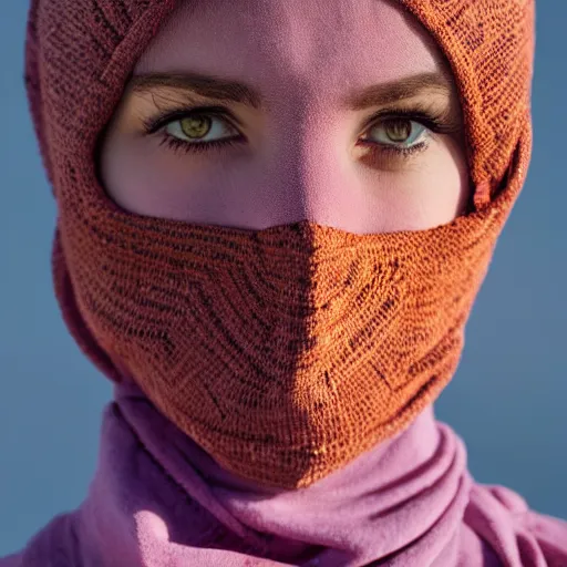 Prompt: female balaclava photography portrait, desert wind