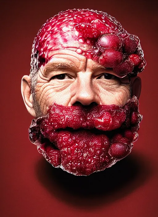 Image similar to cranberries fused with bryan cranston, red berry skin, cranberry helmet, studio light, bloom, detailed face, magazine, press, photo, steve mccurry, david lazar, canon, nikon, focus