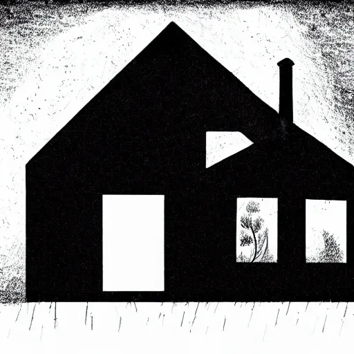 Image similar to black and white storybook illustration of an abandoned house burning, storybook illustration, monochromatic, black and white